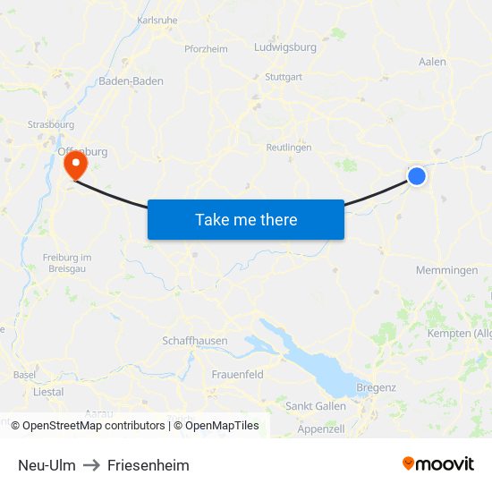 Neu-Ulm to Friesenheim map