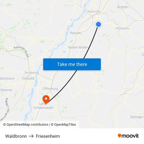 Waldbronn to Friesenheim map