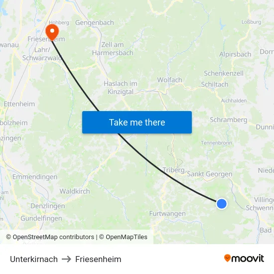 Unterkirnach to Friesenheim map