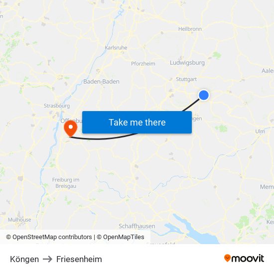 Köngen to Friesenheim map