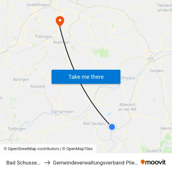 Bad Schussenried to Gemeindeverwaltungsverband Pliezhausen map