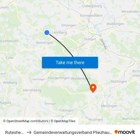 Rutesheim to Gemeindeverwaltungsverband Pliezhausen map