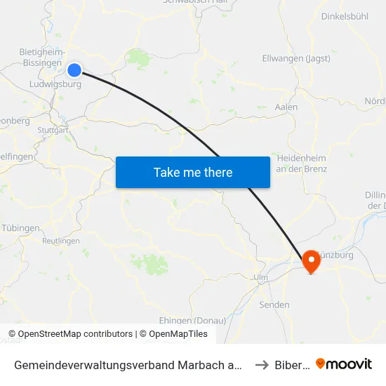 Gemeindeverwaltungsverband Marbach am Neckar to Bibertal map