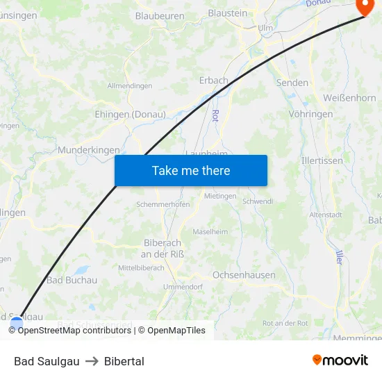 Bad Saulgau to Bibertal map