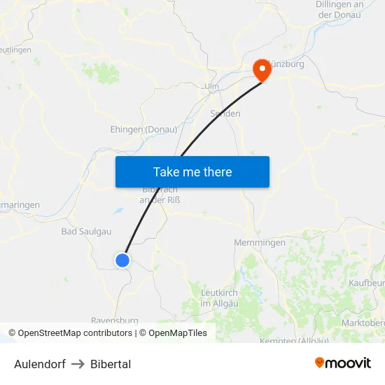 Aulendorf to Bibertal map