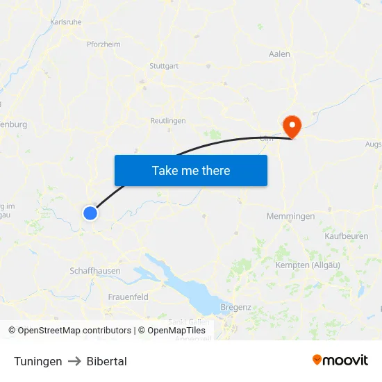 Tuningen to Bibertal map