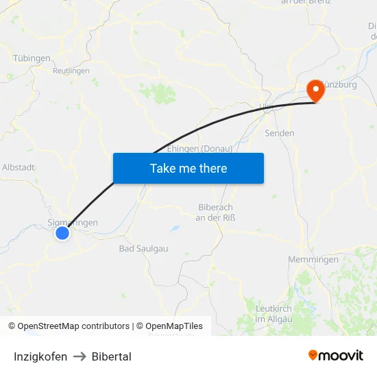 Inzigkofen to Bibertal map