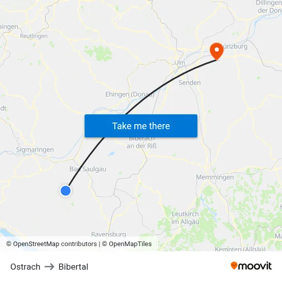 Ostrach to Bibertal map