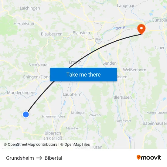 Grundsheim to Bibertal map
