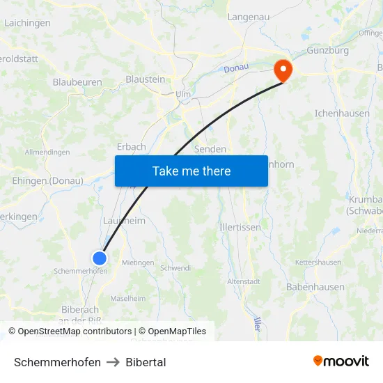 Schemmerhofen to Bibertal map