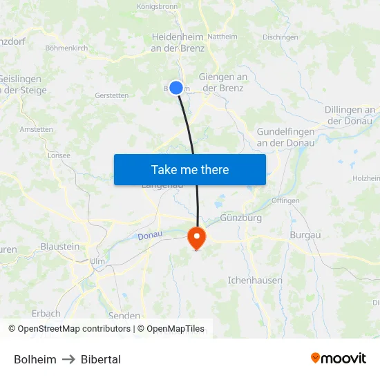 Bolheim to Bibertal map