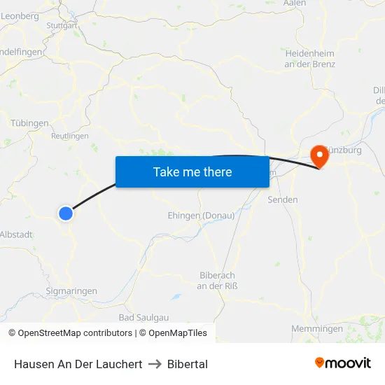 Hausen An Der Lauchert to Bibertal map