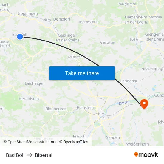 Bad Boll to Bibertal map