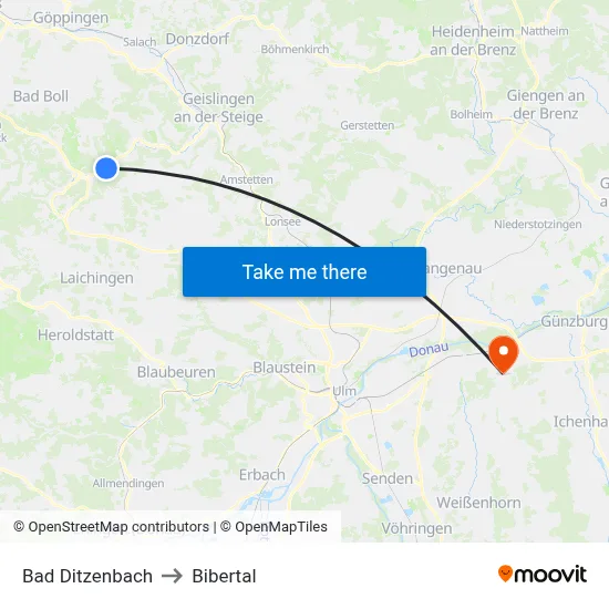 Bad Ditzenbach to Bibertal map