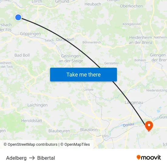 Adelberg to Bibertal map