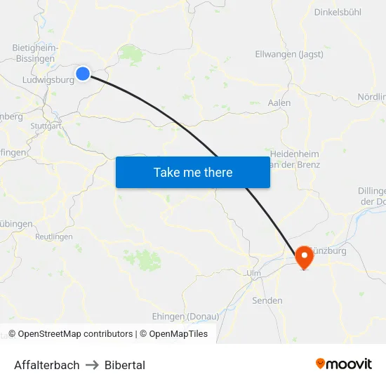 Affalterbach to Bibertal map