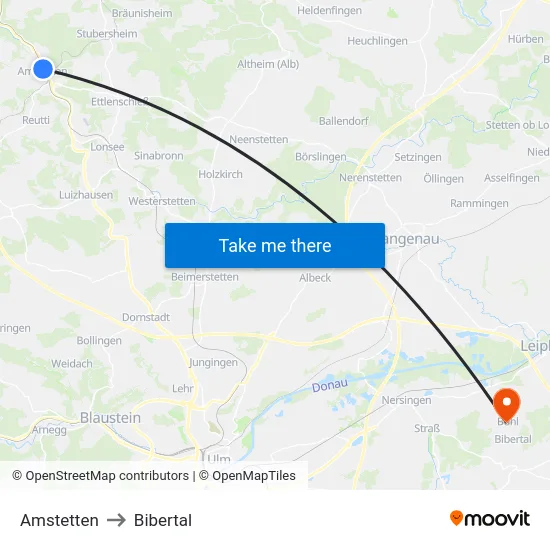 Amstetten to Bibertal map