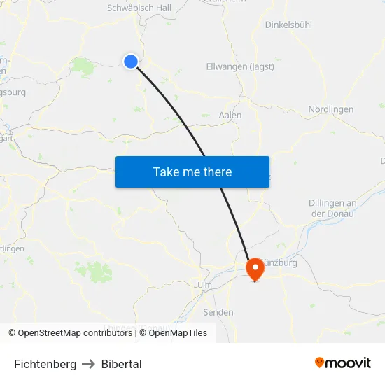 Fichtenberg to Bibertal map