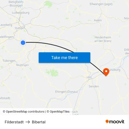 Filderstadt to Bibertal map
