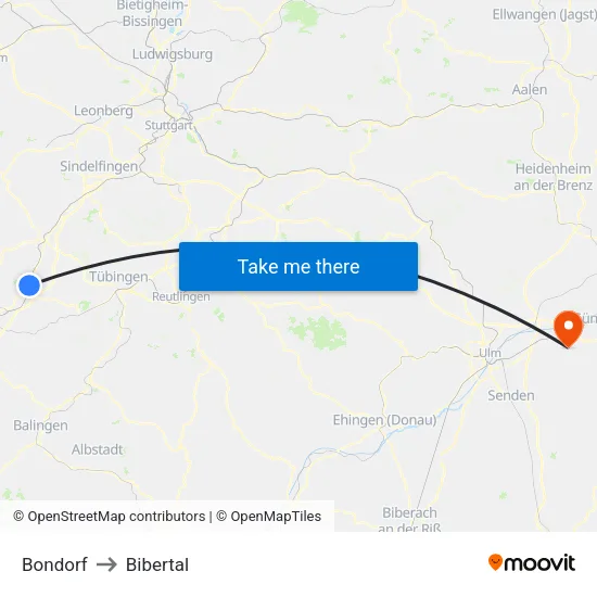 Bondorf to Bibertal map