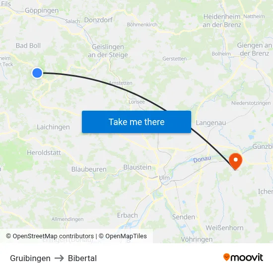 Gruibingen to Bibertal map