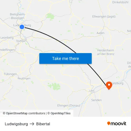 Ludwigsburg to Bibertal map