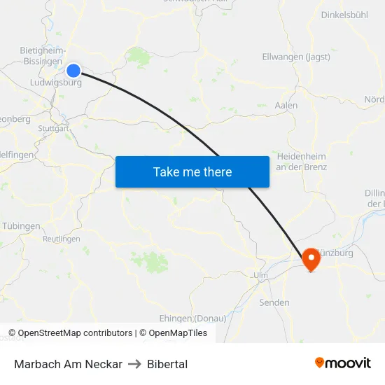 Marbach Am Neckar to Bibertal map