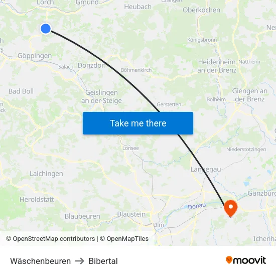 Wäschenbeuren to Bibertal map