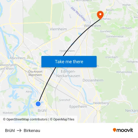 Brühl to Birkenau map