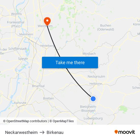 Neckarwestheim to Birkenau map