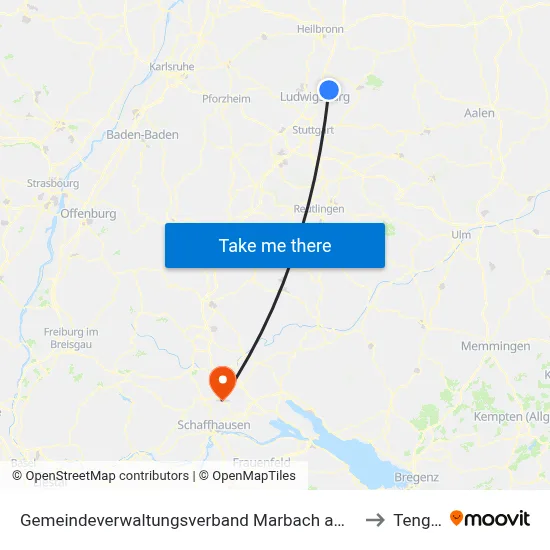 Gemeindeverwaltungsverband Marbach am Neckar to Tengen map