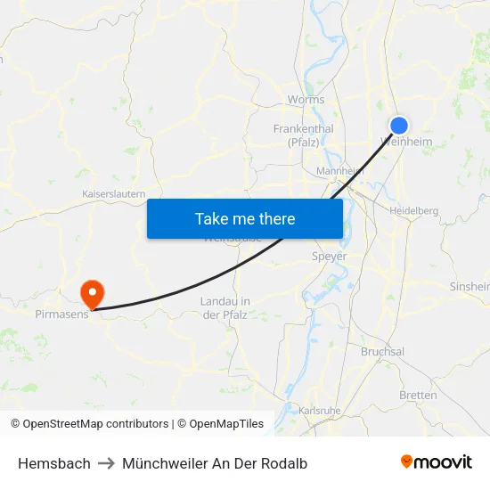 Hemsbach to Münchweiler An Der Rodalb map
