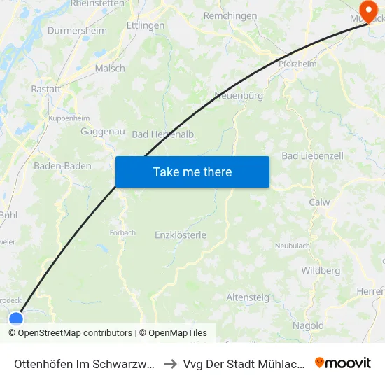 Ottenhöfen Im Schwarzwald to Vvg Der Stadt Mühlacker map