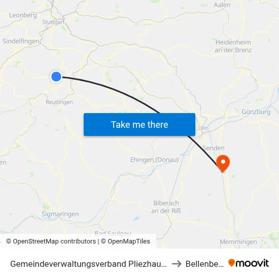 Gemeindeverwaltungsverband Pliezhausen to Bellenberg map