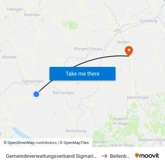 Gemeindeverwaltungsverband Sigmaringen to Bellenberg map