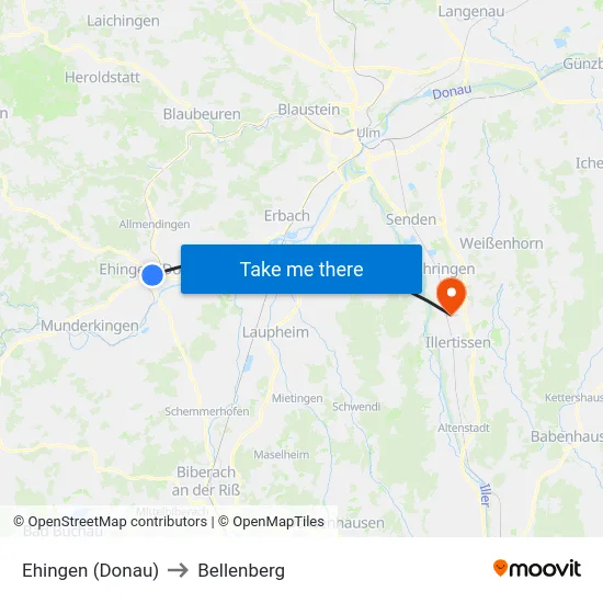 Ehingen (Donau) to Bellenberg map