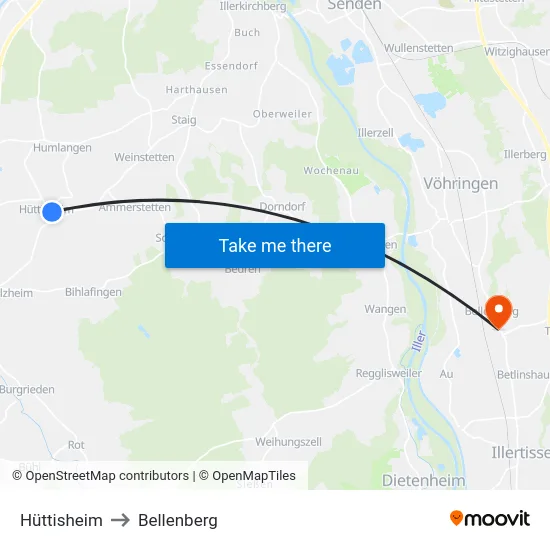Hüttisheim to Bellenberg map