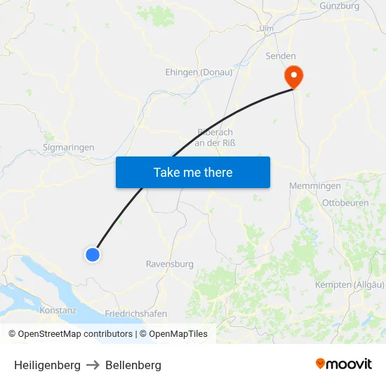 Heiligenberg to Bellenberg map