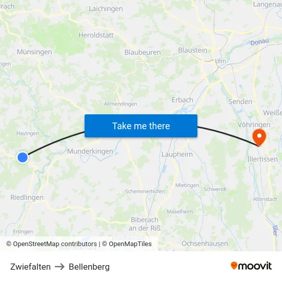 Zwiefalten to Bellenberg map
