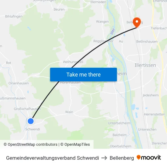 Gemeindeverwaltungsverband Schwendi to Bellenberg map
