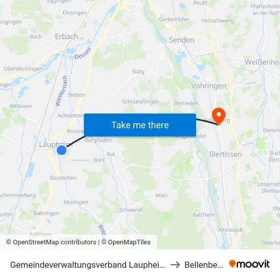 Gemeindeverwaltungsverband Laupheim to Bellenberg map