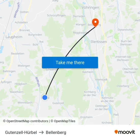 Gutenzell-Hürbel to Bellenberg map