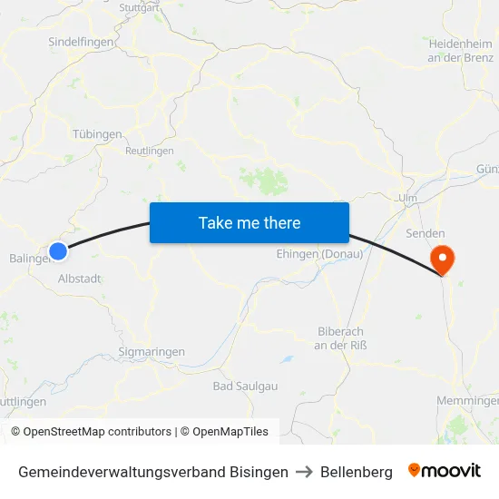 Gemeindeverwaltungsverband Bisingen to Bellenberg map