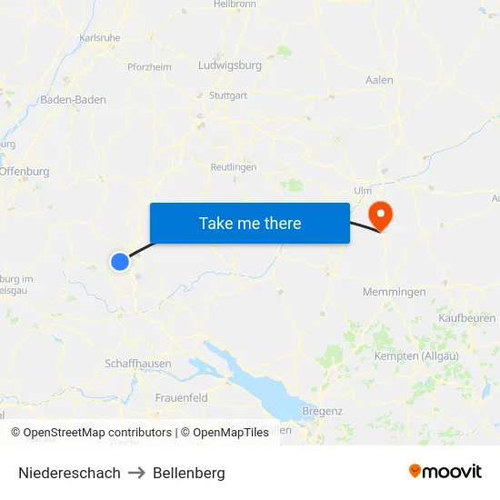 Niedereschach to Bellenberg map