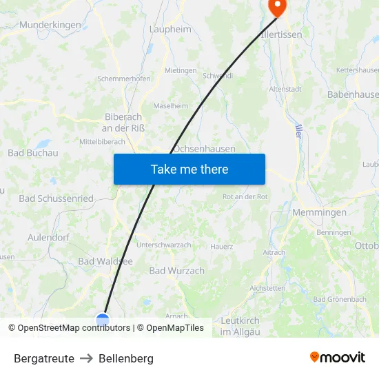 Bergatreute to Bellenberg map