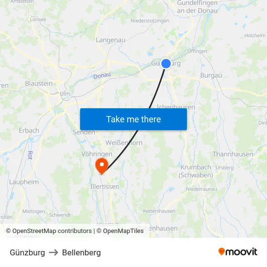 Günzburg to Bellenberg map