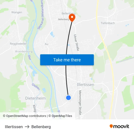 Illertissen to Bellenberg map