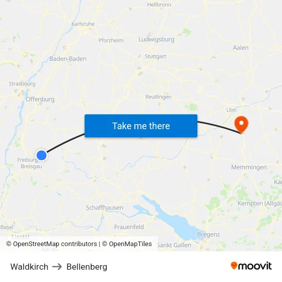 Waldkirch to Bellenberg map