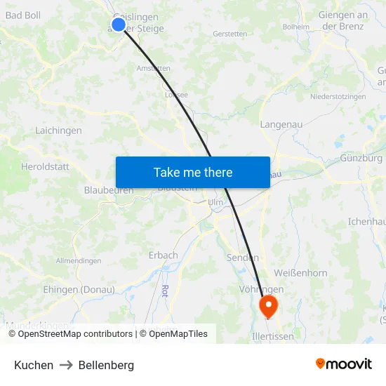 Kuchen to Bellenberg map