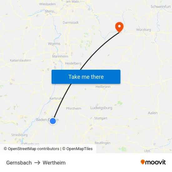 Gernsbach to Wertheim map